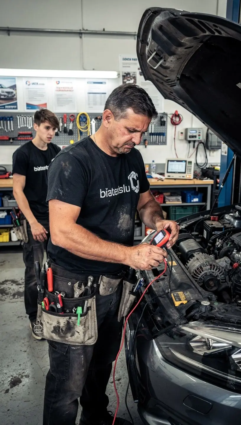 Servisný technik vykonáva meranie napätia a prúdu batérie pre spoľahlivý štart auta po zimných mesiacoch.