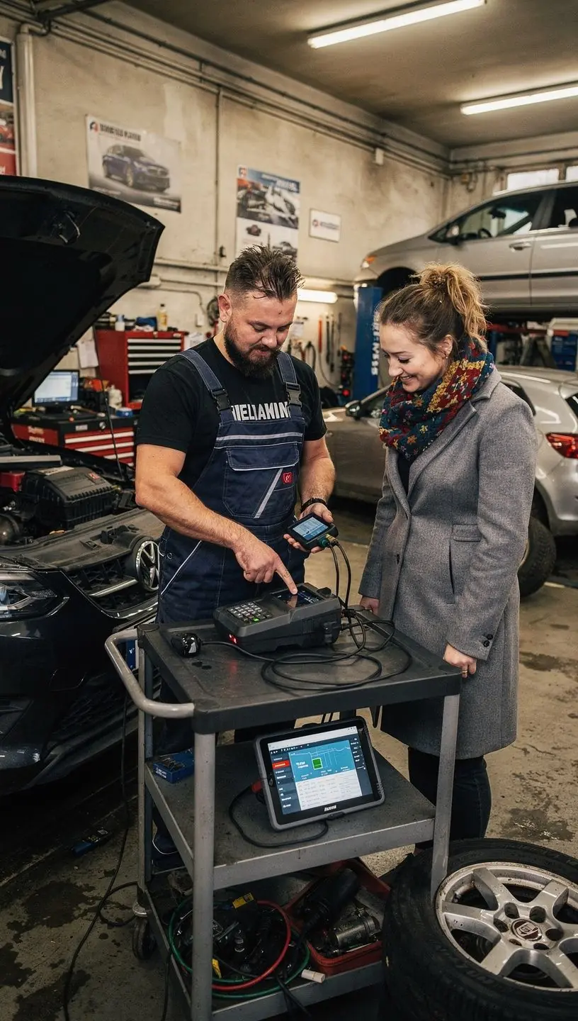 Detailný záber na ruku technika kontrolujúceho elektroinštaláciu vozidla počas zimnej údržby.